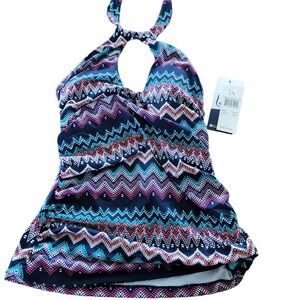 Leilani Tankini Top Coronado Sz 6 Navy A720909 Halter High Neck Chevron MSRP $62